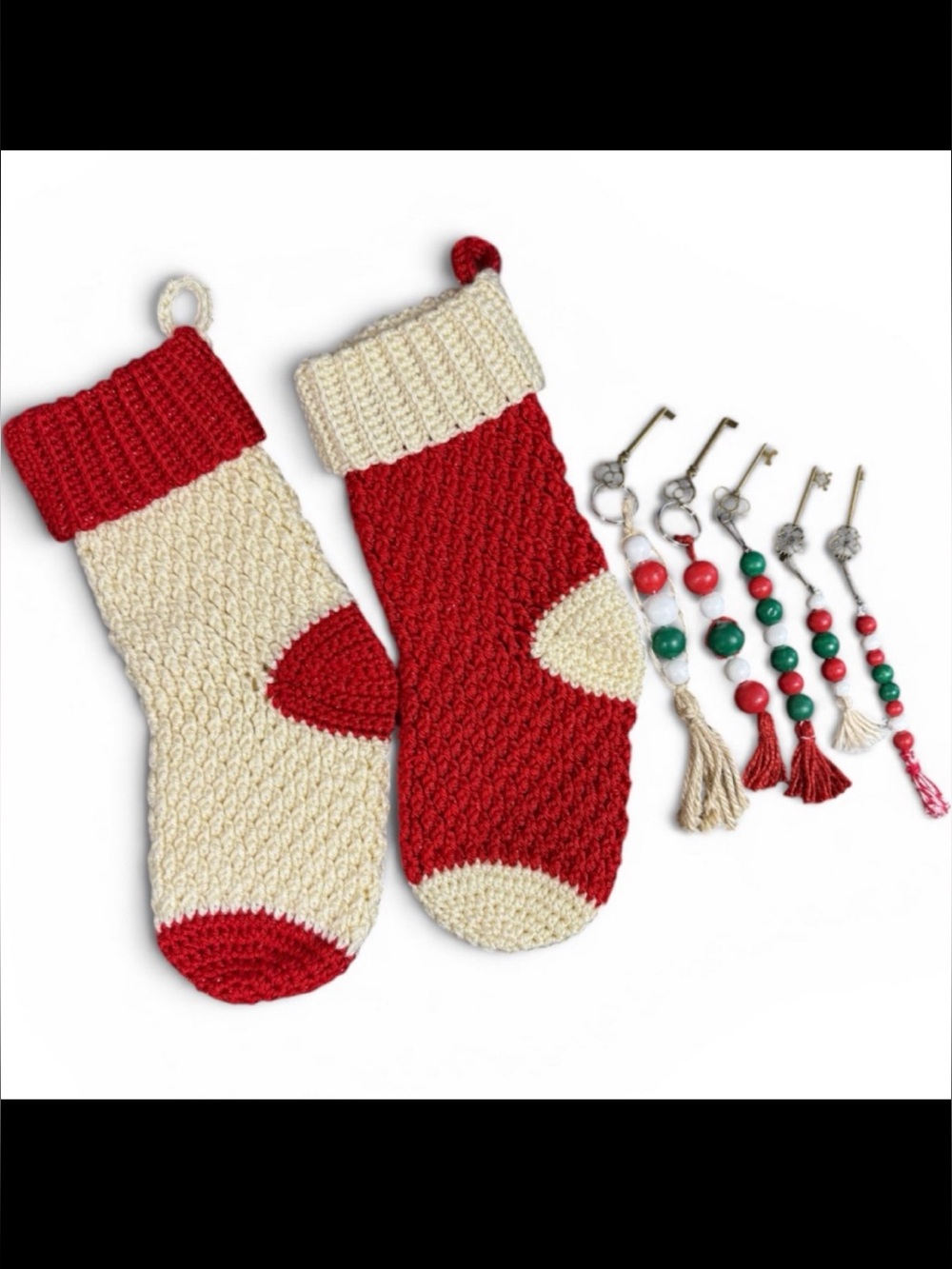 Pair of Handmade Matching Crochet Christmas Stockings with Choice Of Santa Key